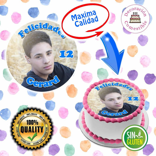FOTO COMESTIBLE, oblea con foto REDONDA, personalizada nombre y edad para pastel o Tarta