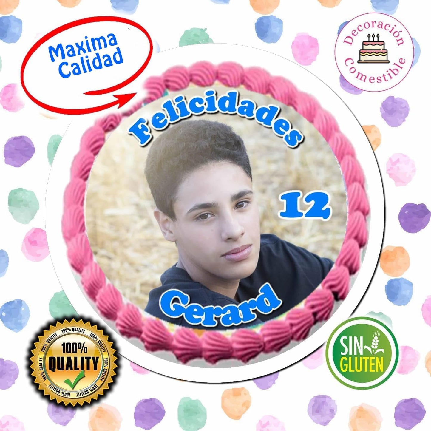 FOTO COMESTIBLE, oblea con foto REDONDA, personalizada nombre y edad para pastel o Tarta
