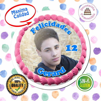 FOTO COMESTIBLE, oblea con foto REDONDA, personalizada nombre y edad para pastel o Tarta
