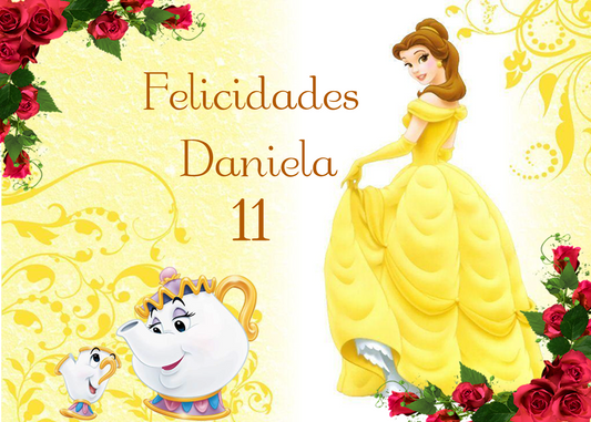 OBLEA de Bella y la Bestia rectangular personalizada para pastel o Tarta, especial para cumpleaños