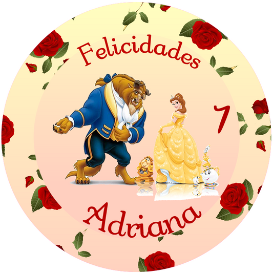 OBLEA de Bella y Bestia personalizada para pastel o Tarta, especial para cumpleaños